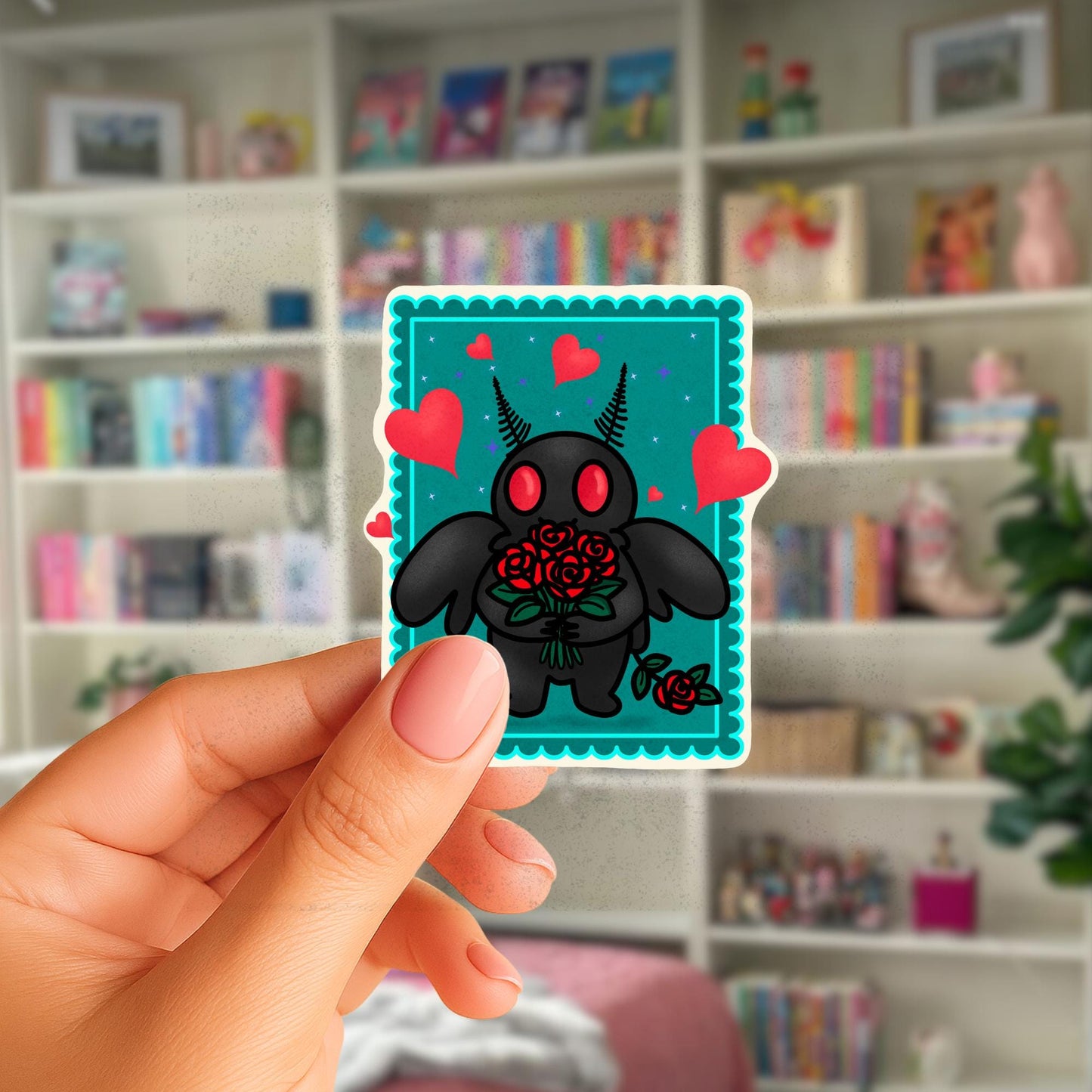 Mothman Valentine Sticker | Spooky Cryptid with Roses