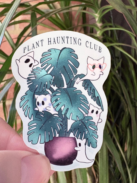 Plant Haunting Club Sticker – Ghost Cat, Cottagecore Monstera