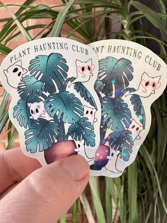 Plant Haunting Club Sticker – Ghost Cat, Cottagecore Monstera