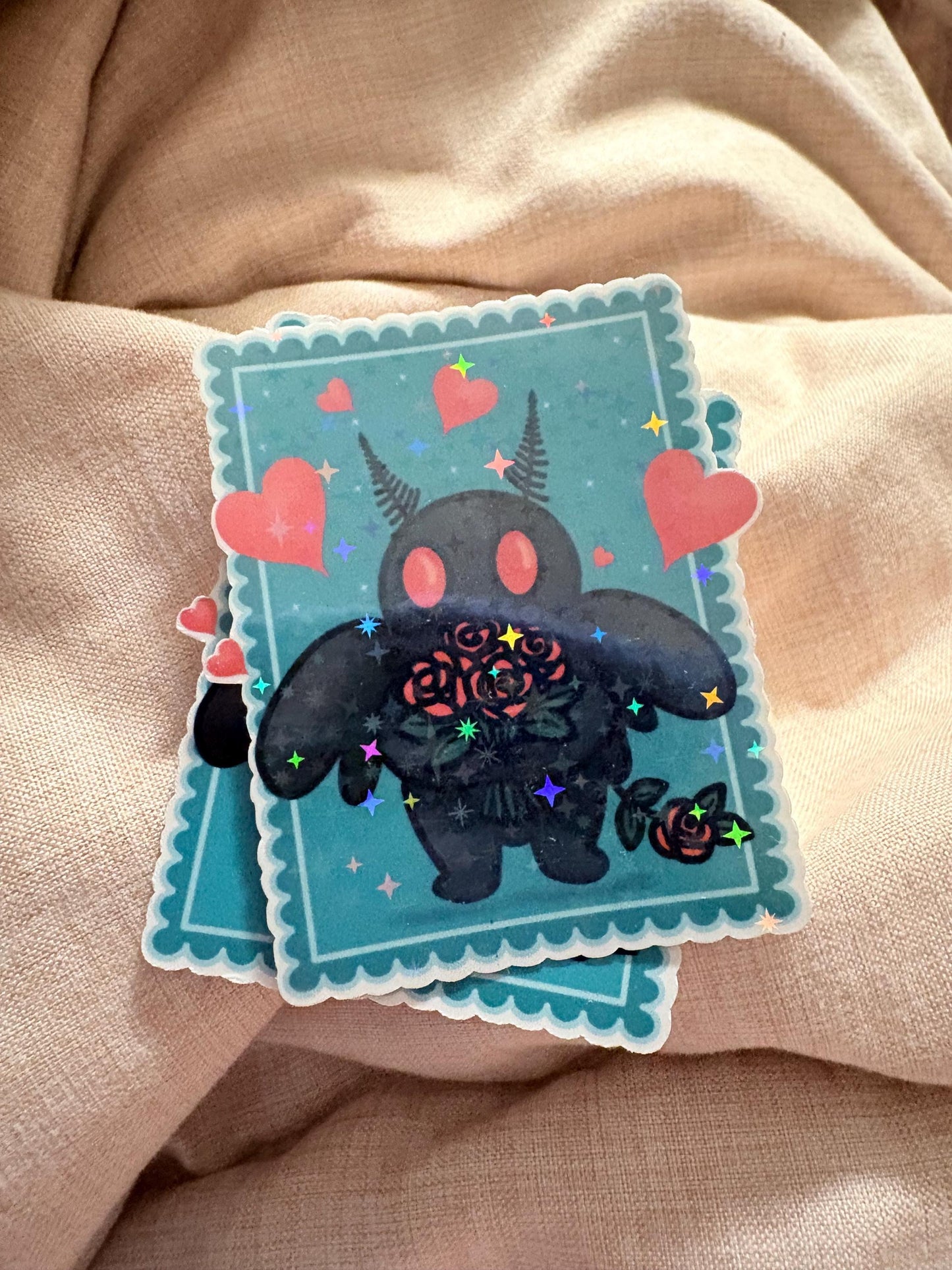 Mothman Valentine Sticker | Spooky Cryptid with Roses