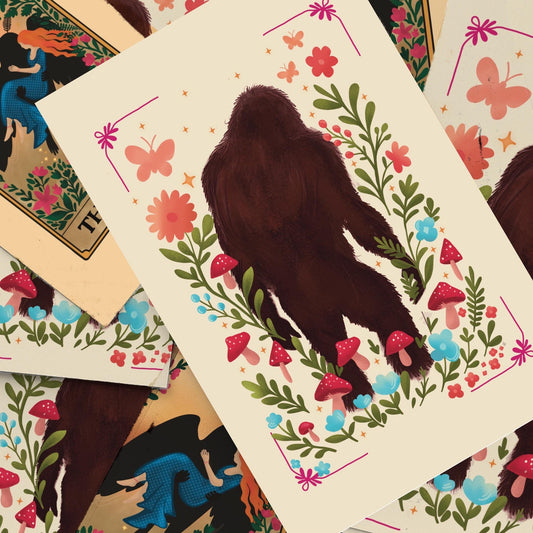Bigfoot Art Print: Cottagecore Cryptid Art, Mushroom Forest Decor