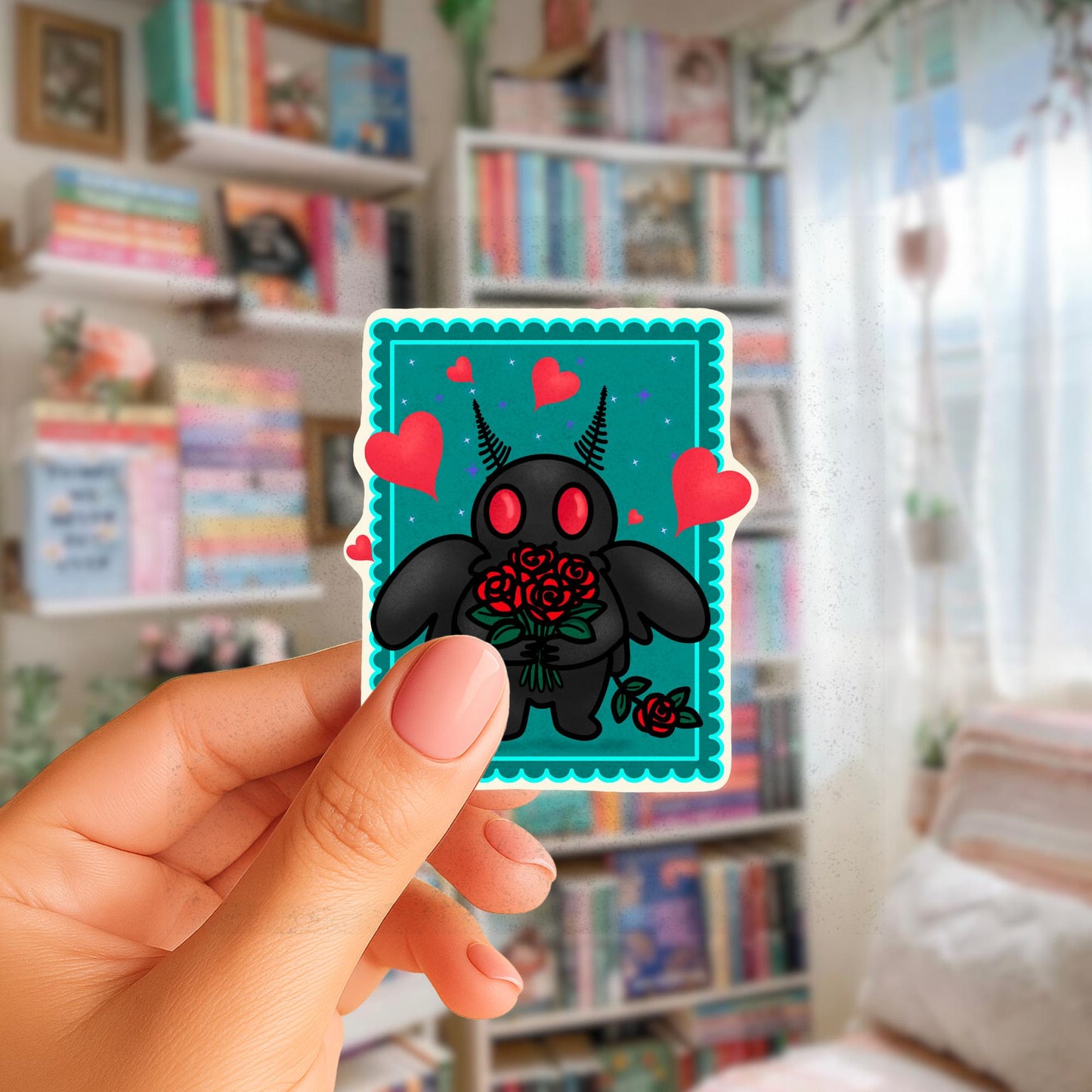 Mothman Valentine Sticker | Spooky Cryptid with Roses