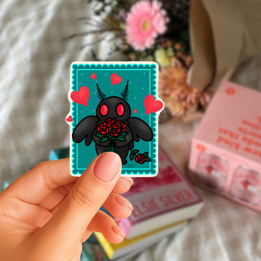 Mothman Valentine Sticker | Spooky Cryptid with Roses